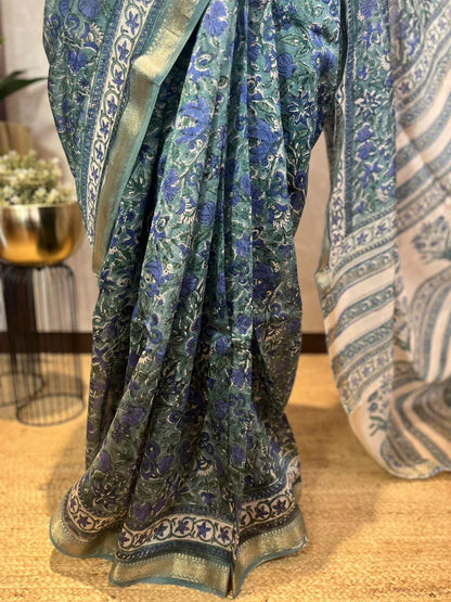 Neeli Shaakhaein | Handblock Printed Maheshwari Silk Saree