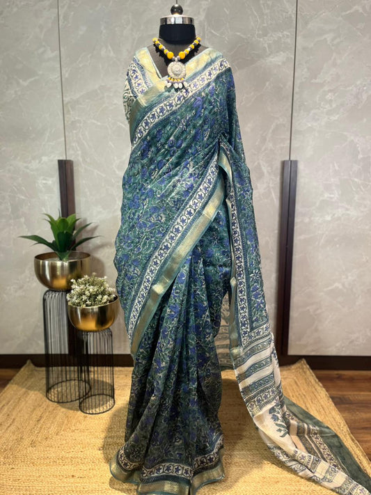 Neeli Shaakhaein | Handblock Printed Maheshwari Silk Saree