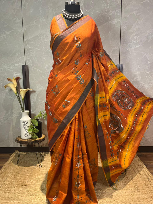 Terracotta Twist | Cotton Kantha Stitch Saree