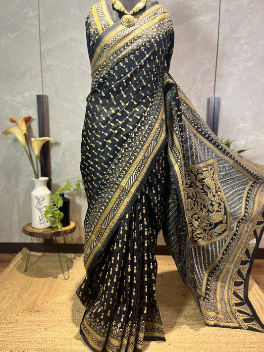 Raindrops in a Black Sky | Silk Kantha Stitch Saree