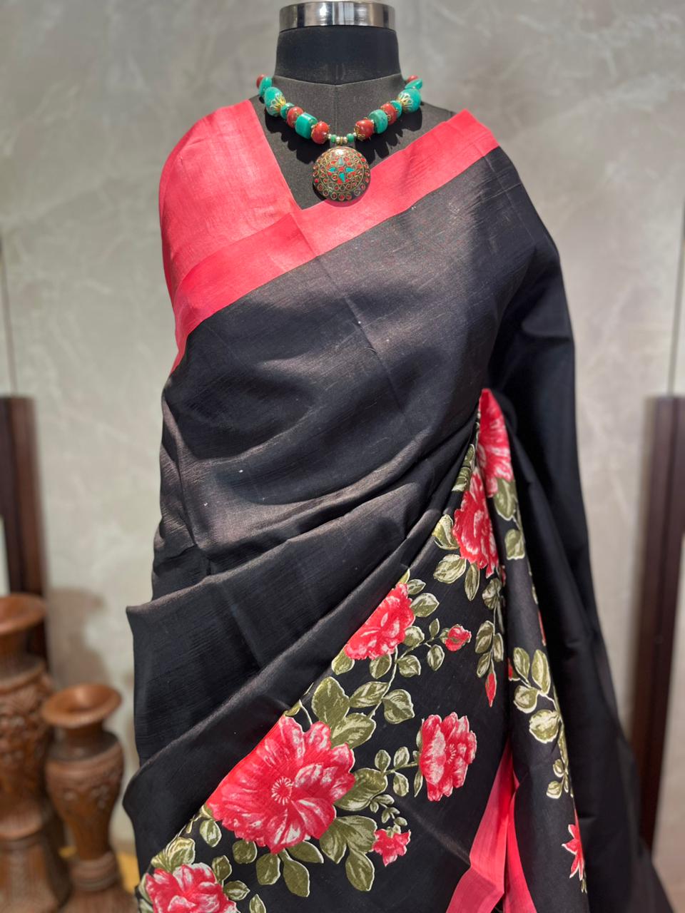 Black Rose | Blockprinted Pure Silk Saree
