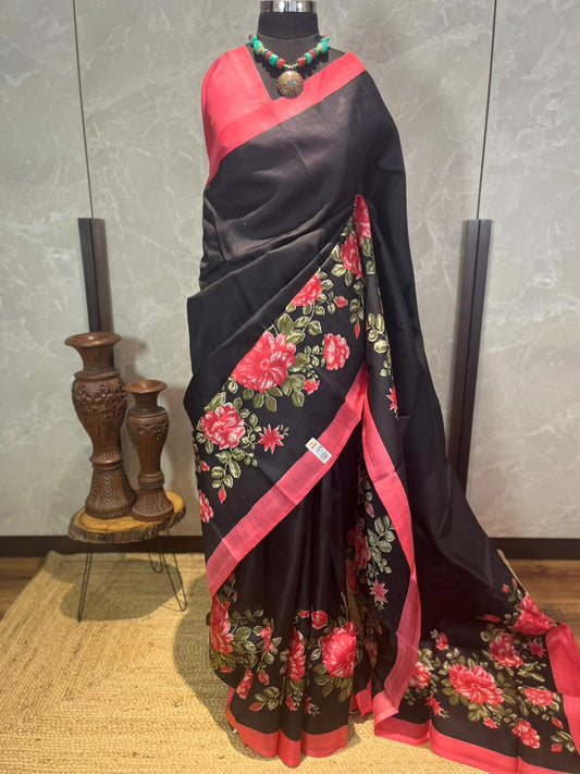 Black Rose | Blockprinted Pure Silk Saree