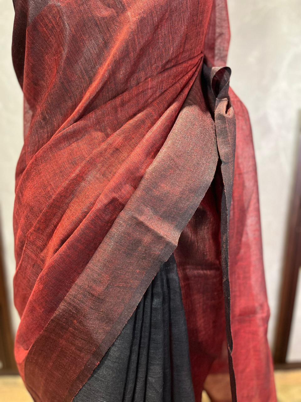 Crimson Eclipse | Pure Linen Saree