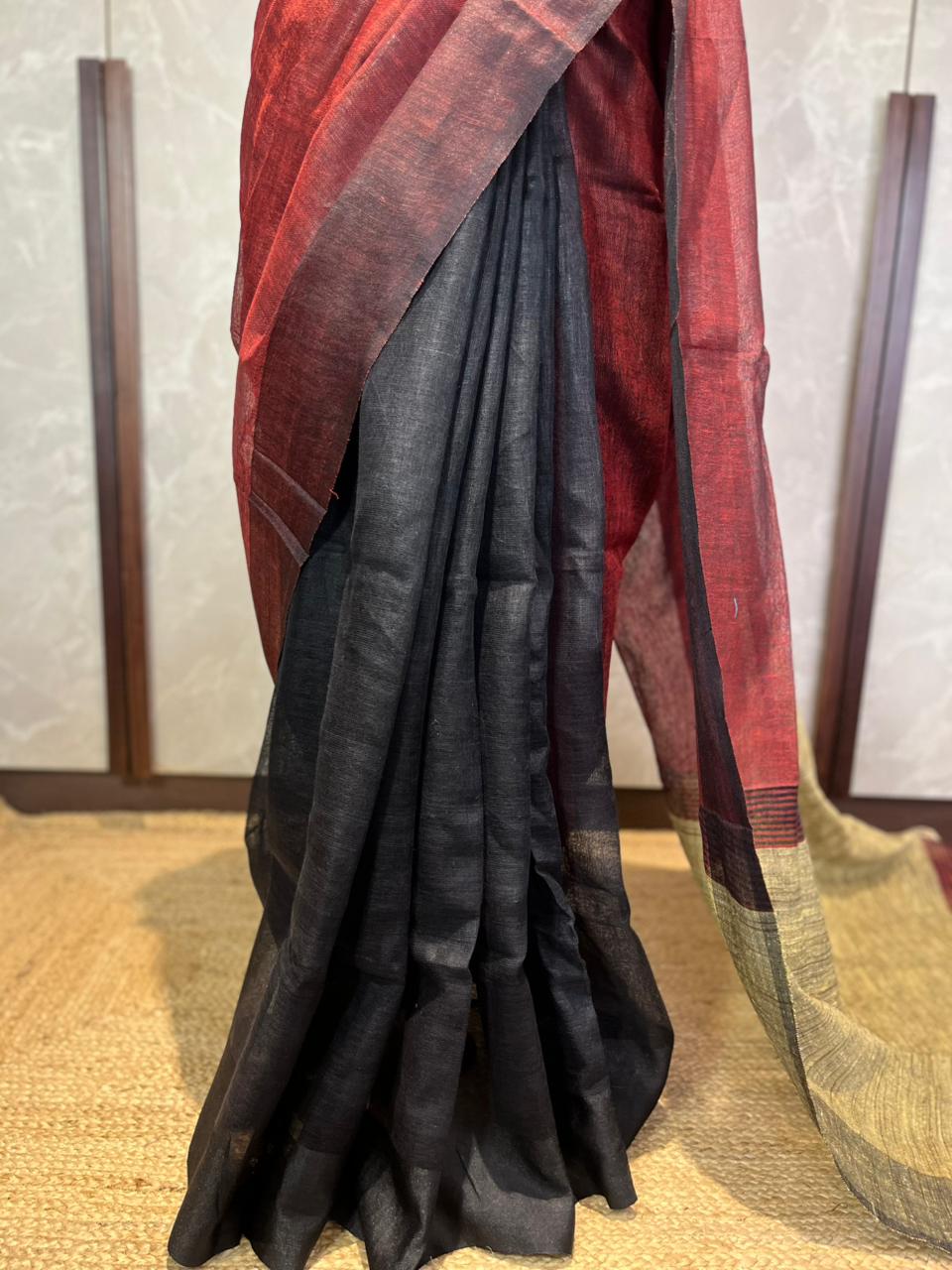 Crimson Eclipse | Pure Linen Saree