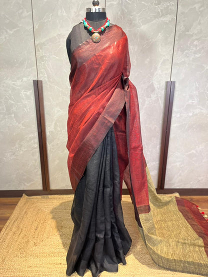 Crimson Eclipse | Pure Linen Saree