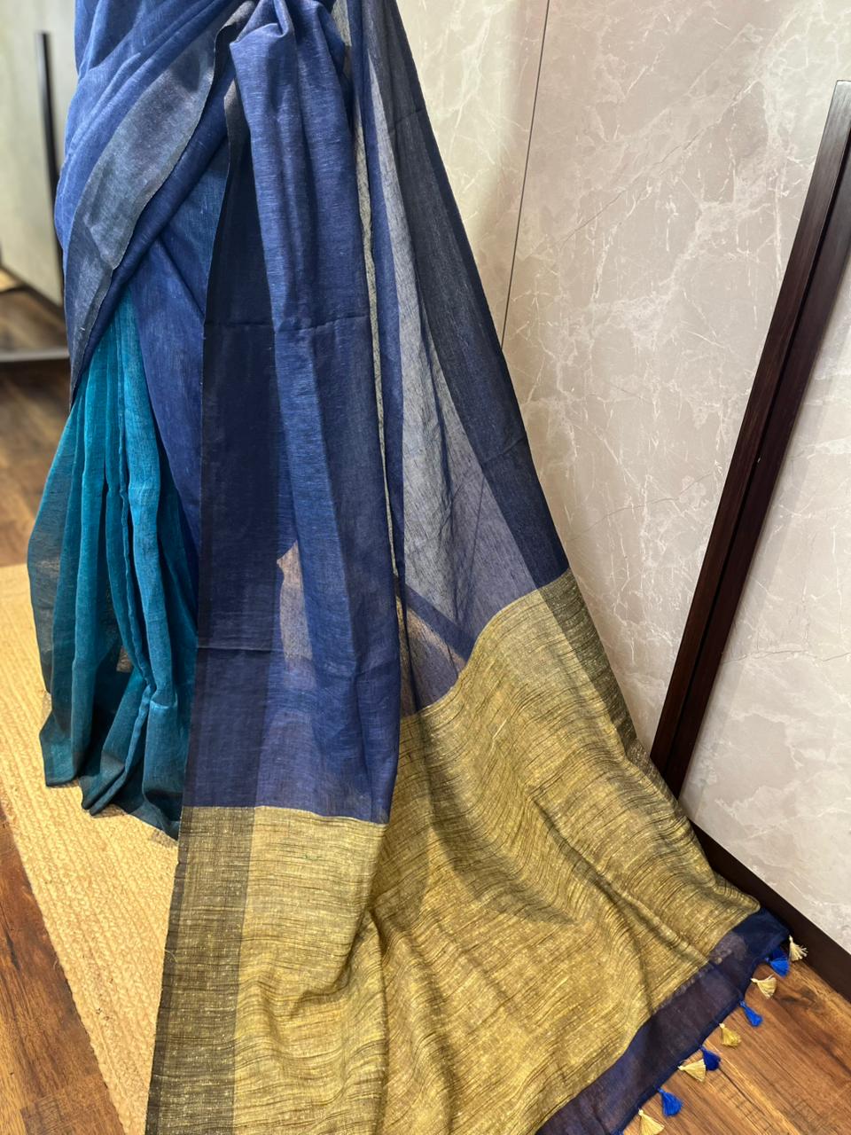 Mediterranean Sapphire | Pure Linen Saree
