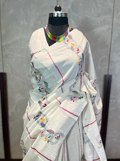 Cream Canvas | Kantha Stitch Saree