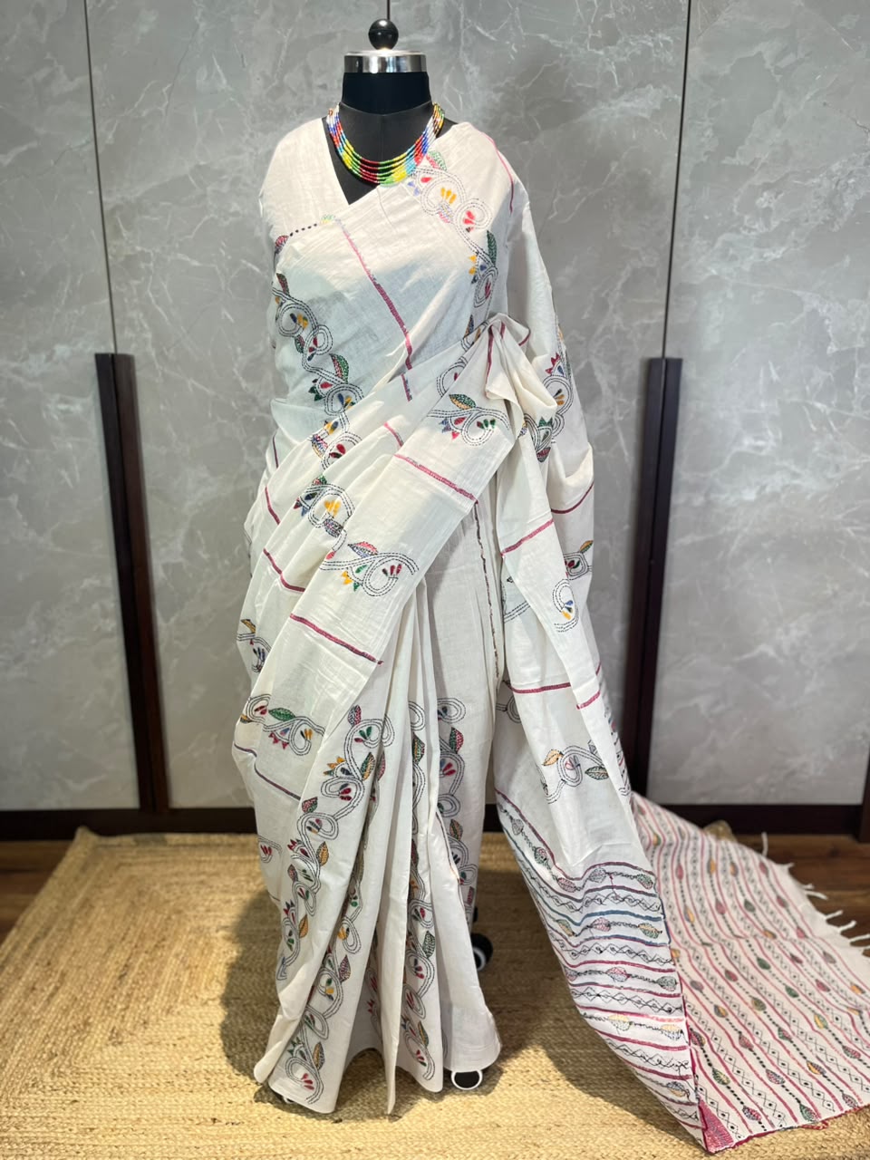 Cream Canvas | Kantha Stitch Saree