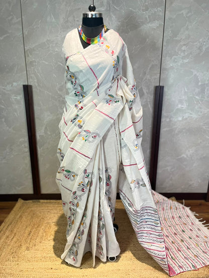 Cream Canvas | Kantha Stitch Saree