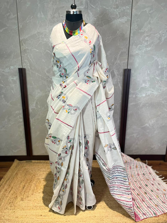 Cream Canvas | Kantha Stitch Saree