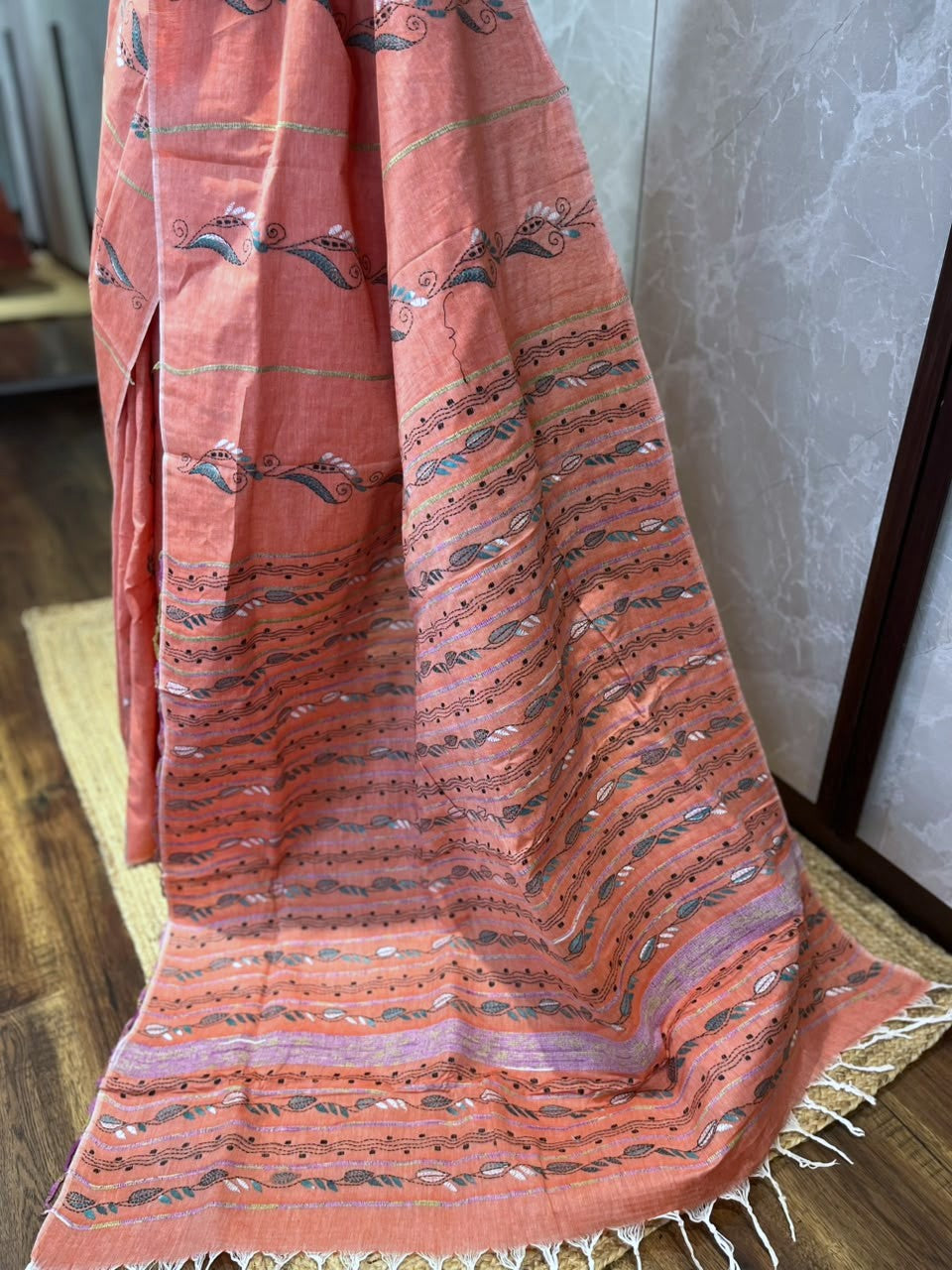 Peachy Perfect | Kantha Stitch Saree