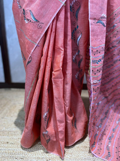 Peachy Perfect | Kantha Stitch Saree