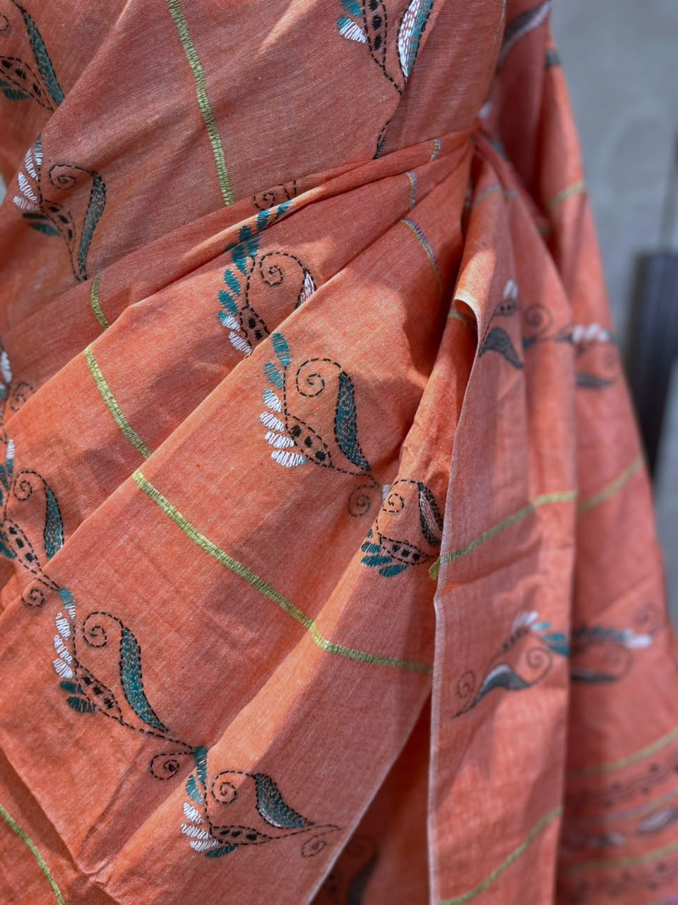 Peachy Perfect | Kantha Stitch Saree