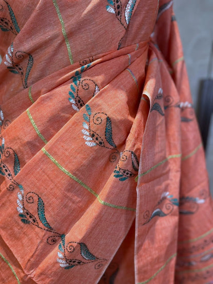 Peachy Perfect | Kantha Stitch Saree