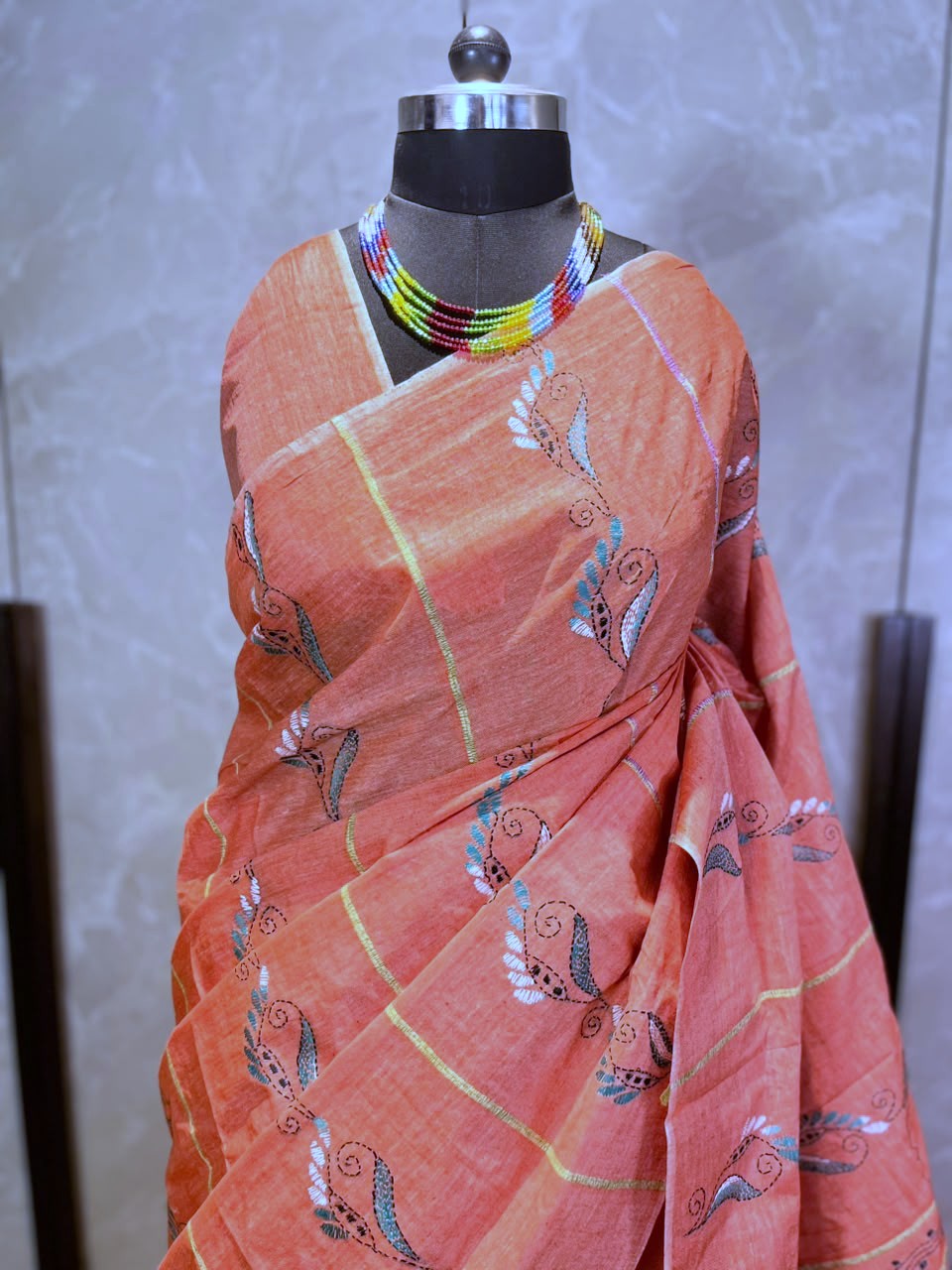 Peachy Perfect | Kantha Stitch Saree