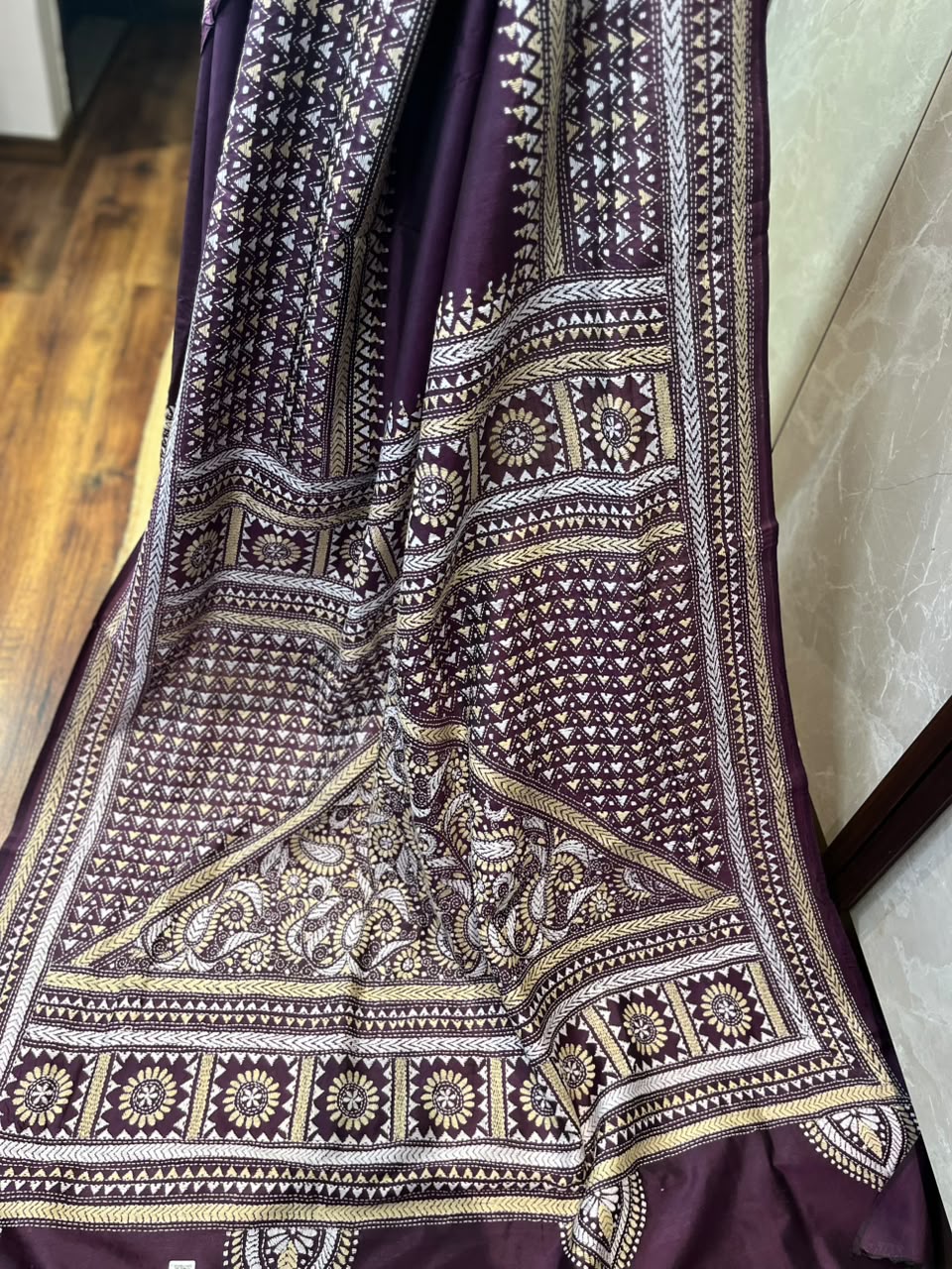 Burgundy Brew | Kantha Stitch Saree