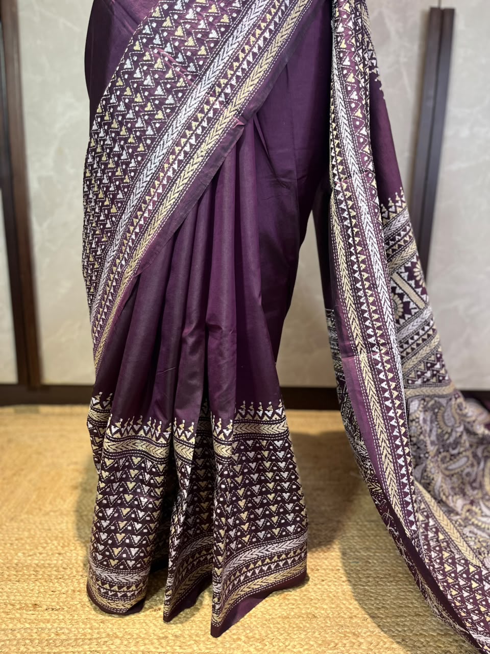 Burgundy Brew | Kantha Stitch Saree