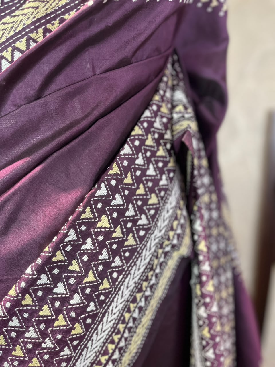 Burgundy Brew | Kantha Stitch Saree