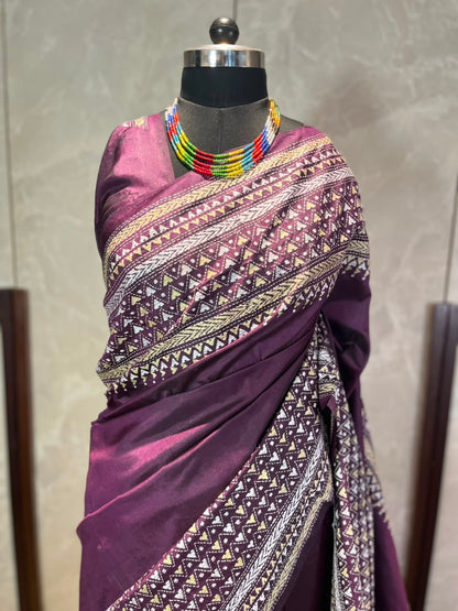 Burgundy Brew | Kantha Stitch Saree