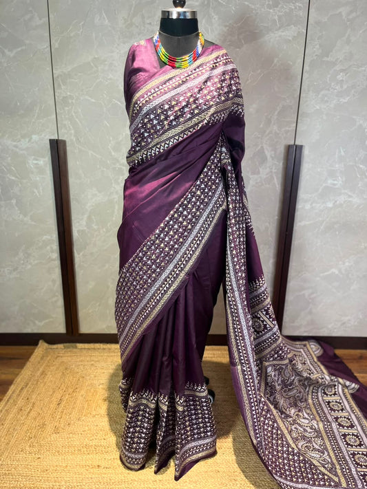 Burgundy Brew | Kantha Stitch Saree