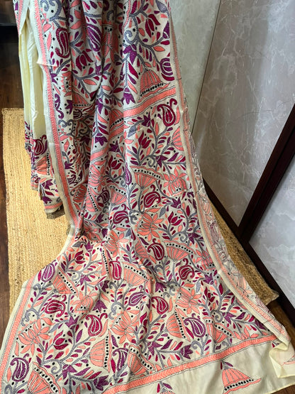 Ivory Mosaic | Kantha Stitch Saree
