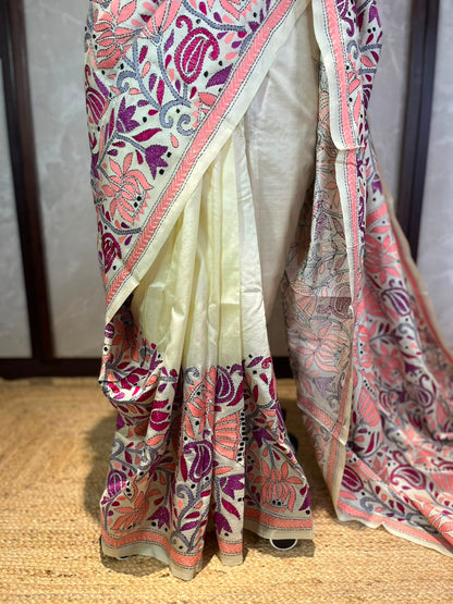 Ivory Mosaic | Kantha Stitch Saree