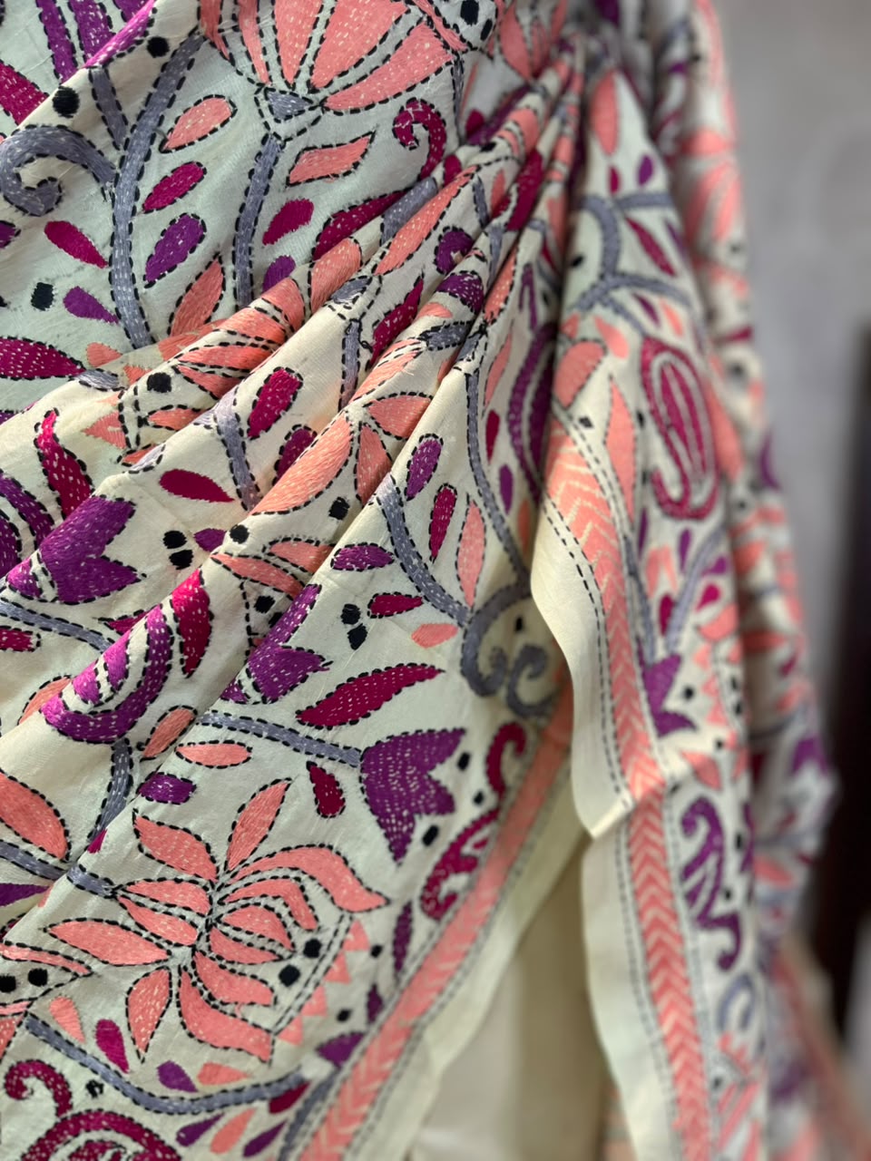 Ivory Mosaic | Kantha Stitch Saree