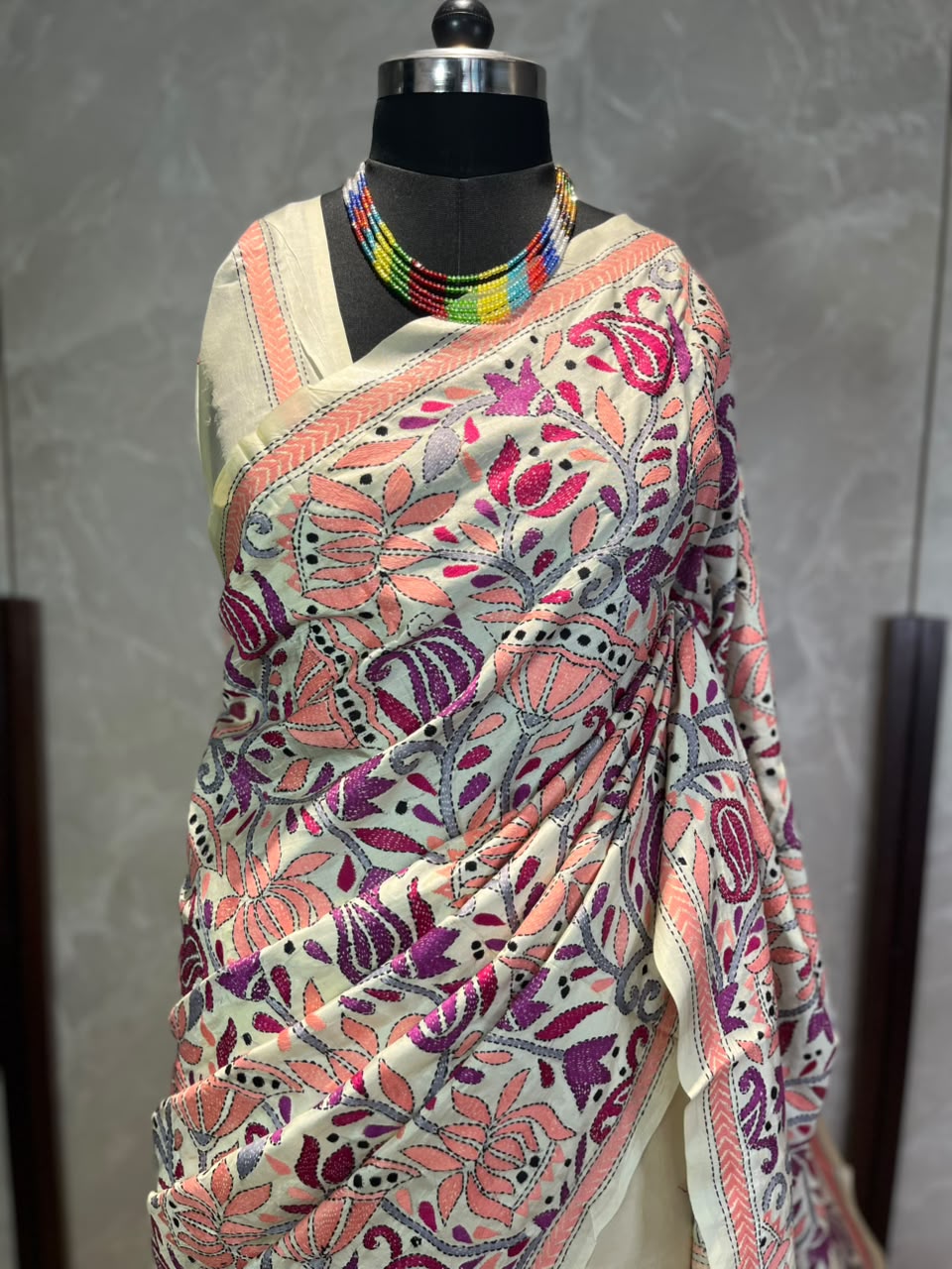 Ivory Mosaic | Kantha Stitch Saree