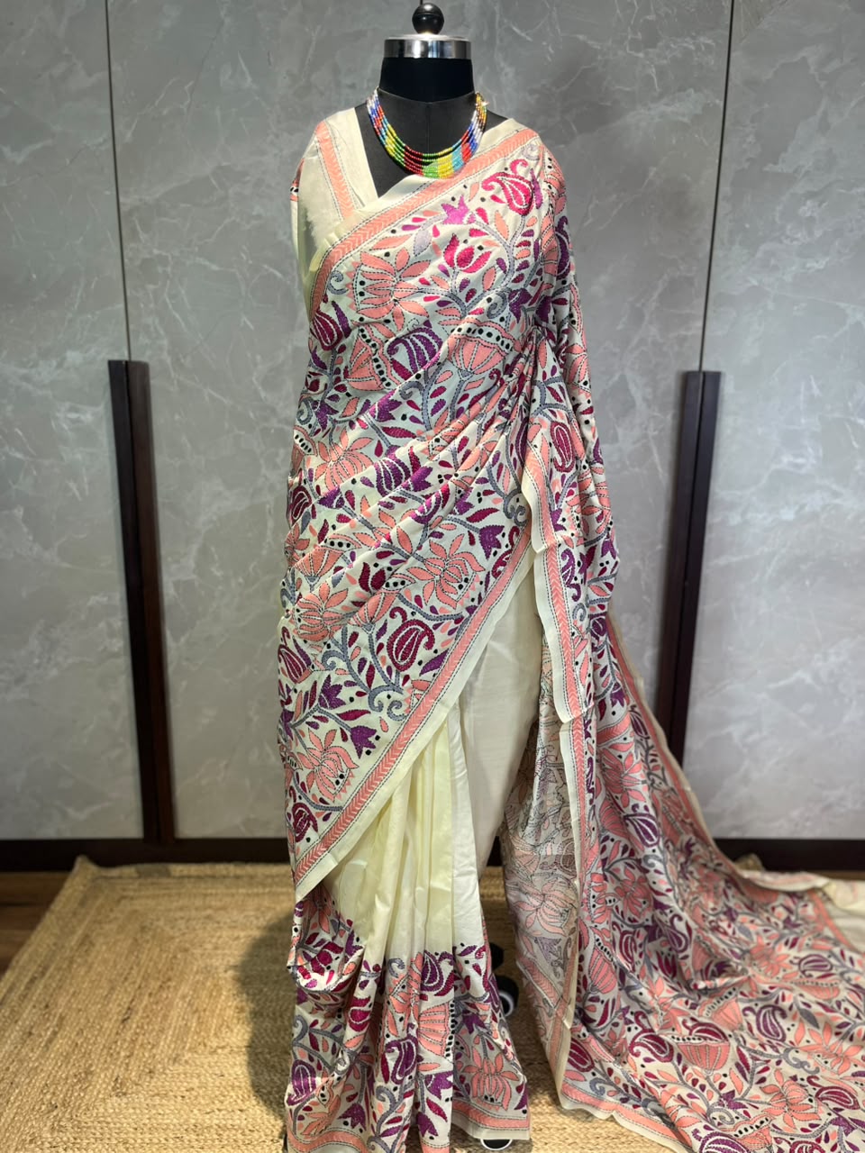 Ivory Mosaic | Kantha Stitch Saree
