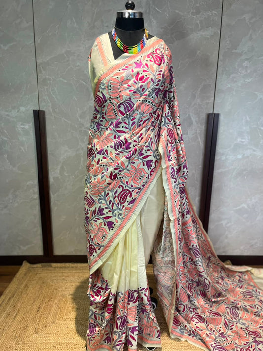 Ivory Mosaic | Kantha Stitch Saree