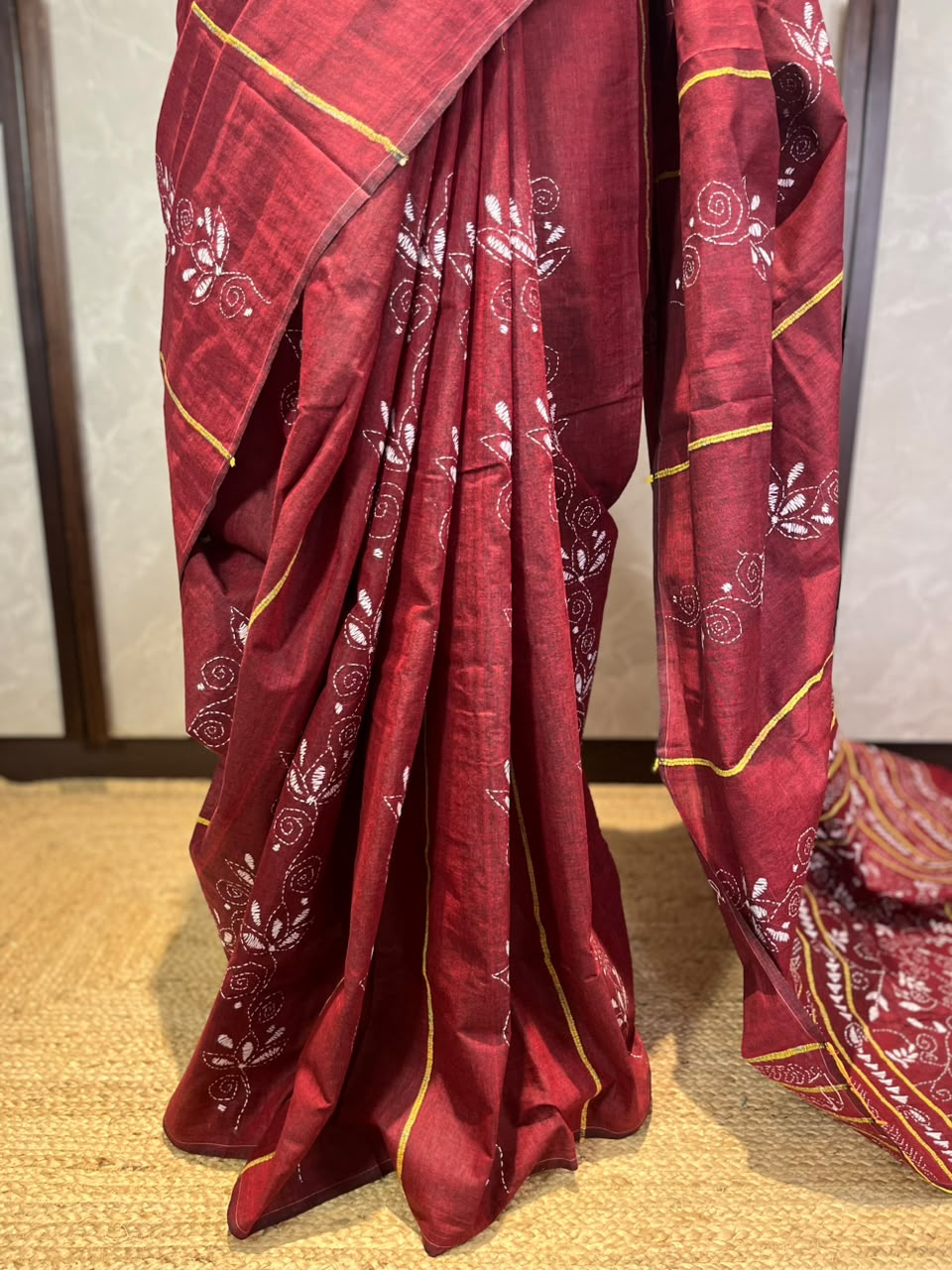 Garnet Sutra | Kantha Stitch Saree