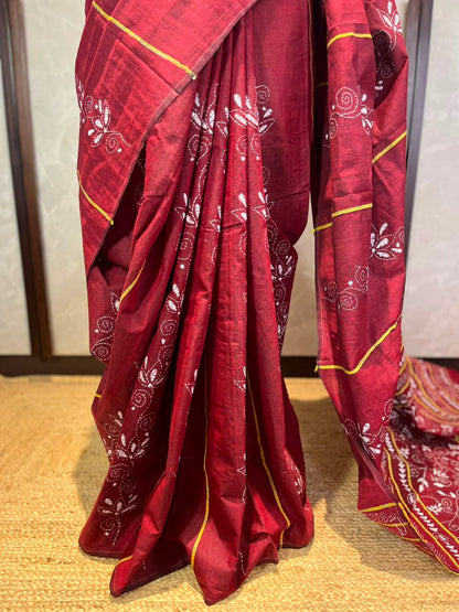 Garnet Sutra | Kantha Stitch Saree