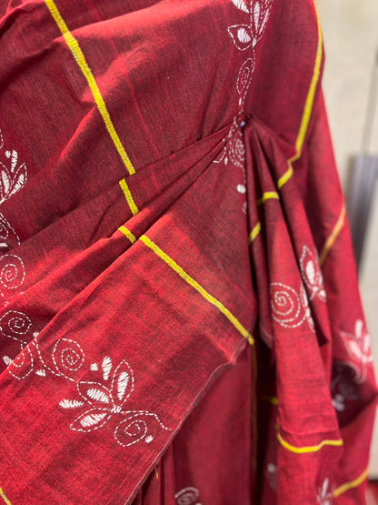 Garnet Sutra | Kantha Stitch Saree