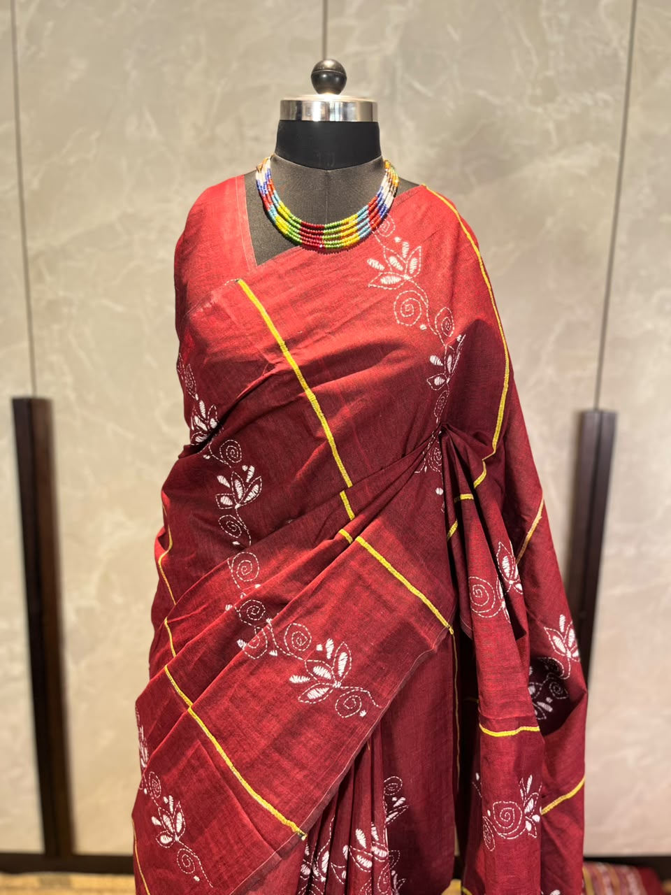Garnet Sutra | Kantha Stitch Saree