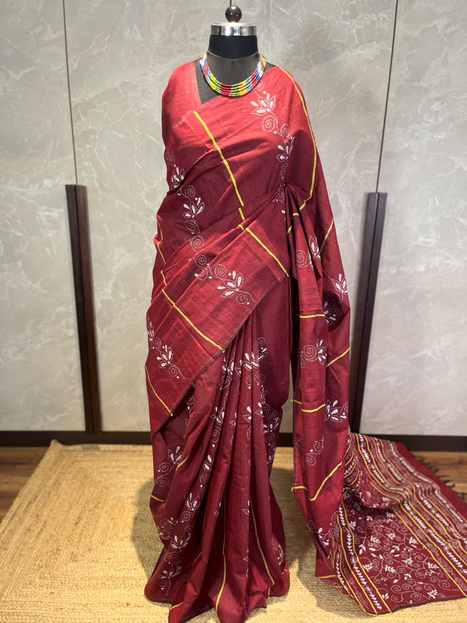 Garnet Sutra | Kantha Stitch Saree