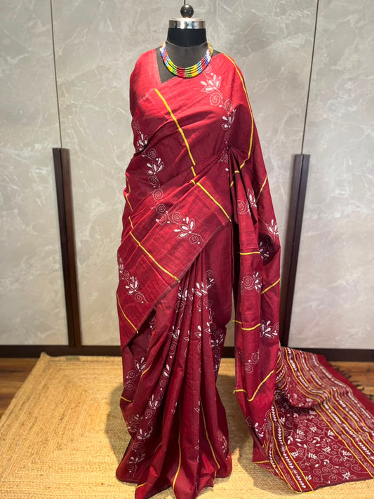 Garnet Sutra | Kantha Stitch Saree