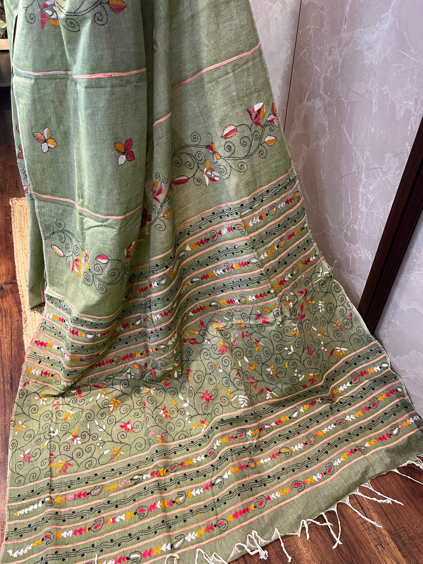 Pistachio Canvas | Kantha Stitch Saree