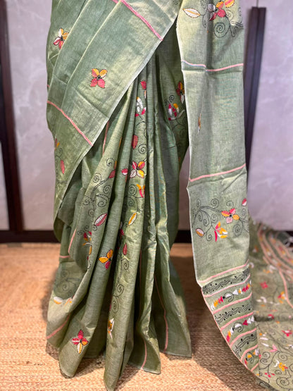 Pistachio Canvas | Kantha Stitch Saree