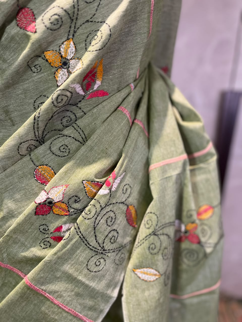 Pistachio Canvas | Kantha Stitch Saree