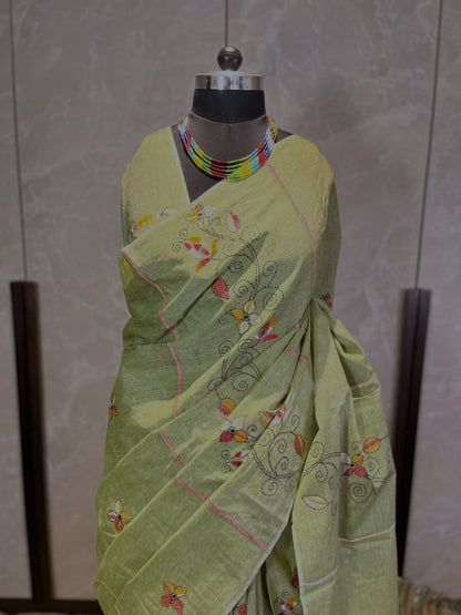 Pistachio Canvas | Kantha Stitch Saree