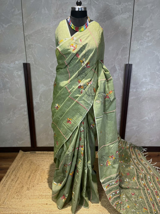 Pistachio Canvas | Kantha Stitch Saree