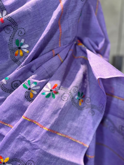 Moody Mauve | Kantha Stitch Saree
