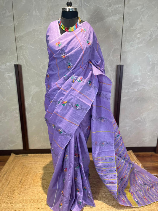 Moody Mauve | Kantha Stitch Saree