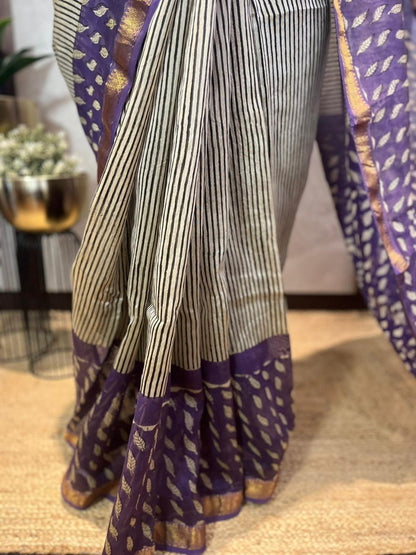 Leafy Stripes | Handblock Printed Maheshwari Silk Saree